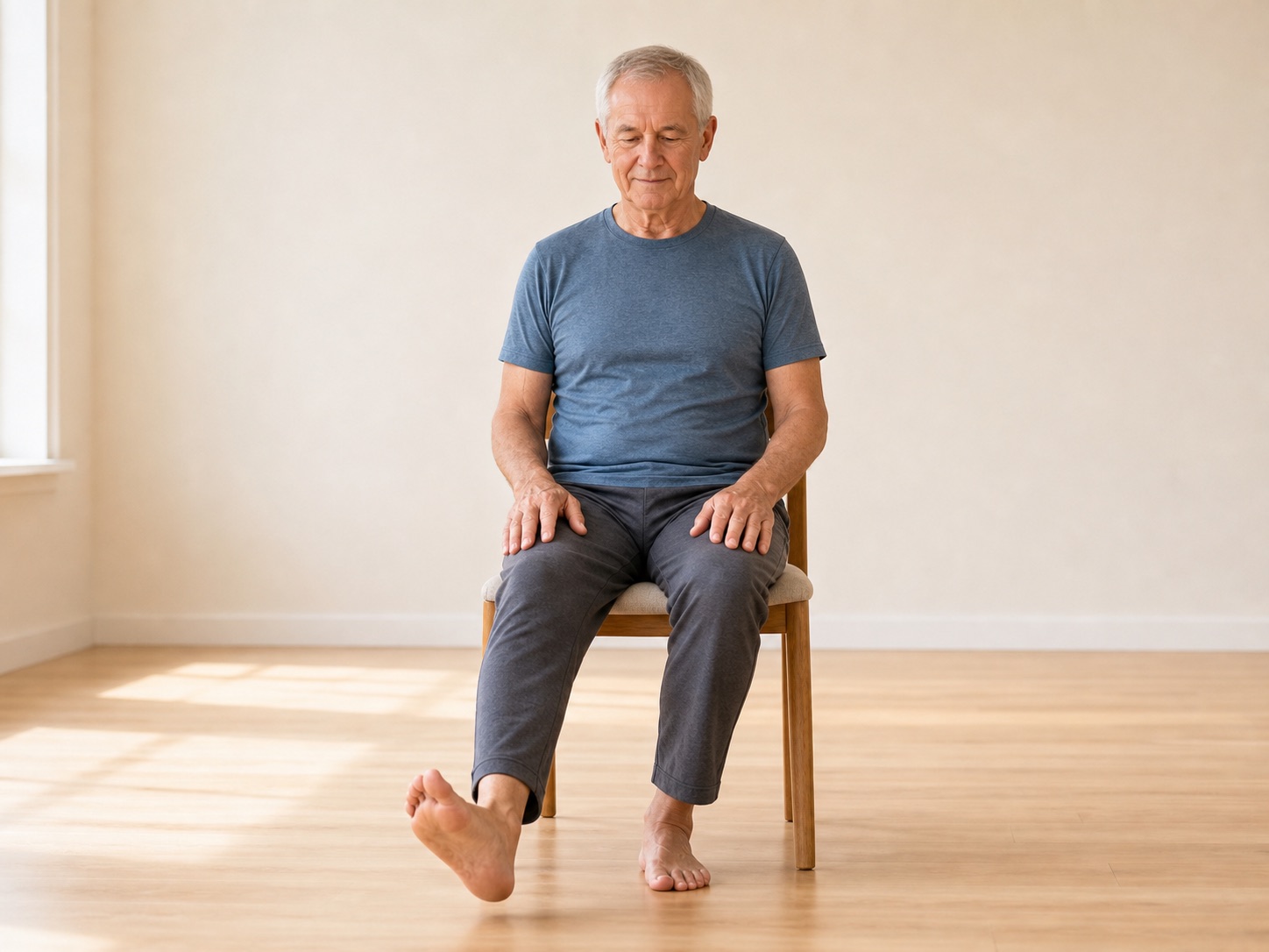 Senior man doing chair yoga ankle circles