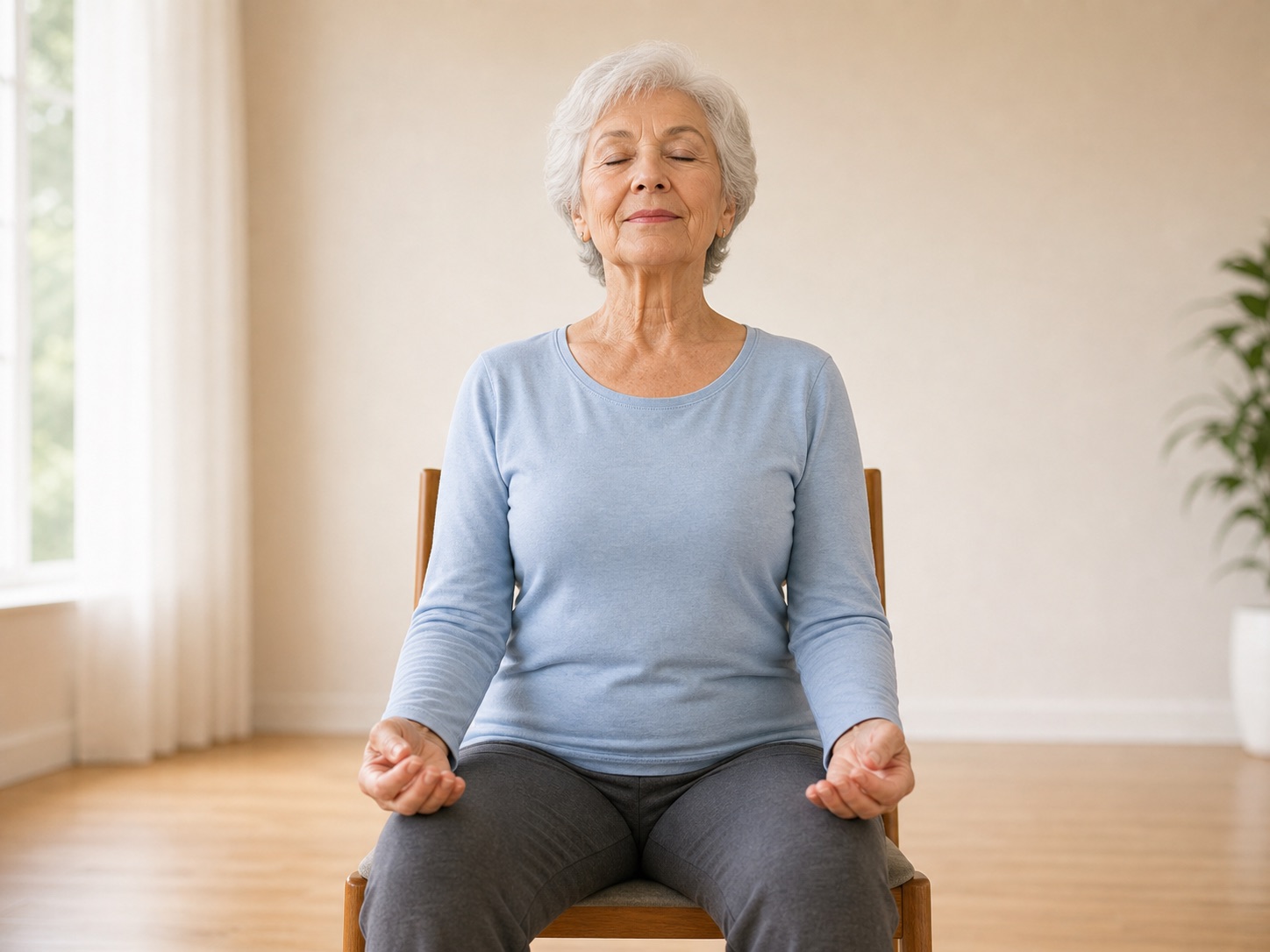 Senior woman practicing chair yoga deep breathing