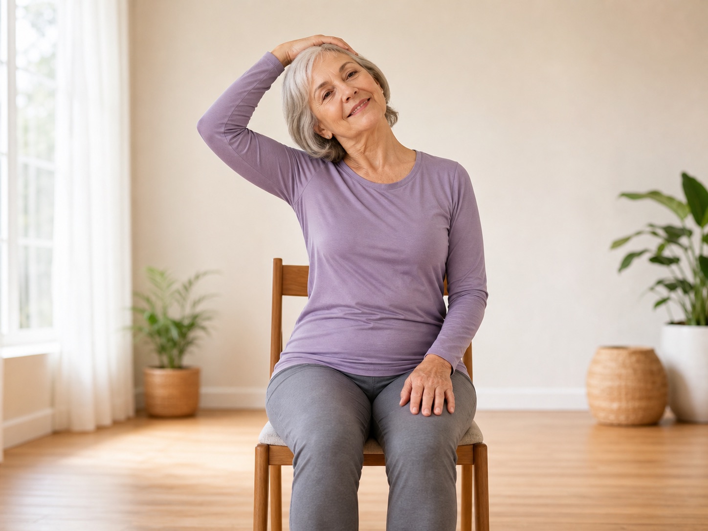 Senior woman doing chair yoga neck stretch