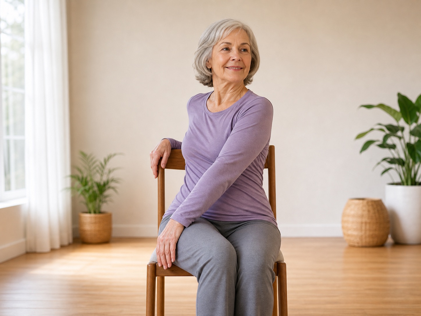 Senior woman doing seated spinal twist chair yoga