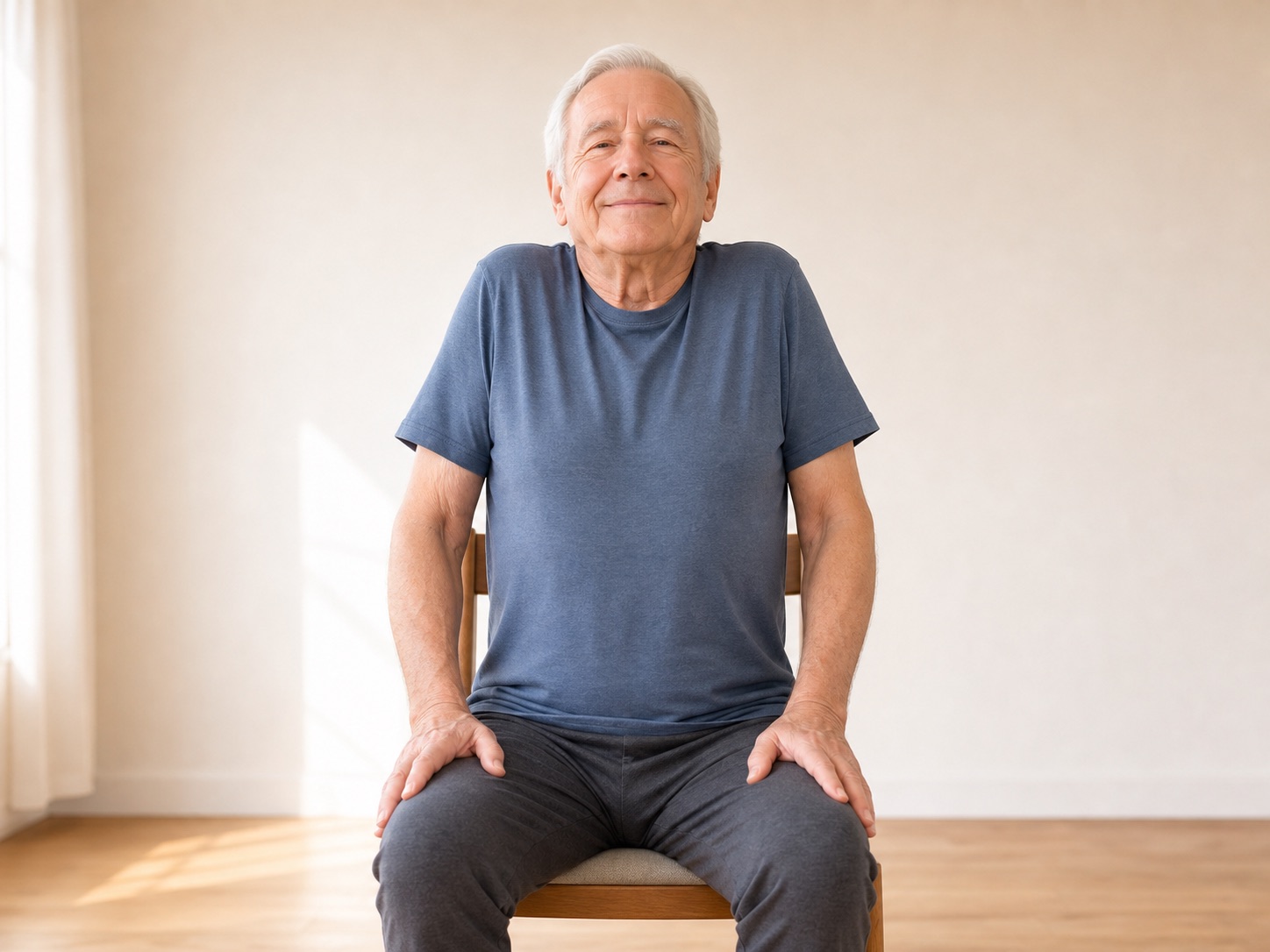 Senior man doing chair yoga shoulder rolls
