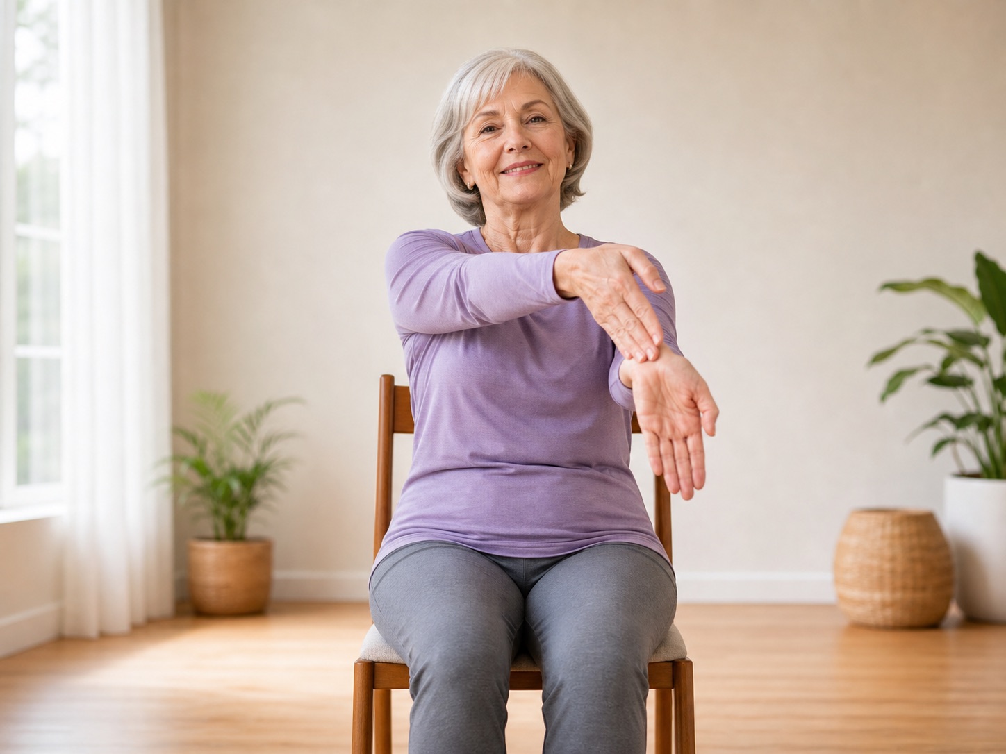 Senior woman doing chair yoga wrist and hand stretch