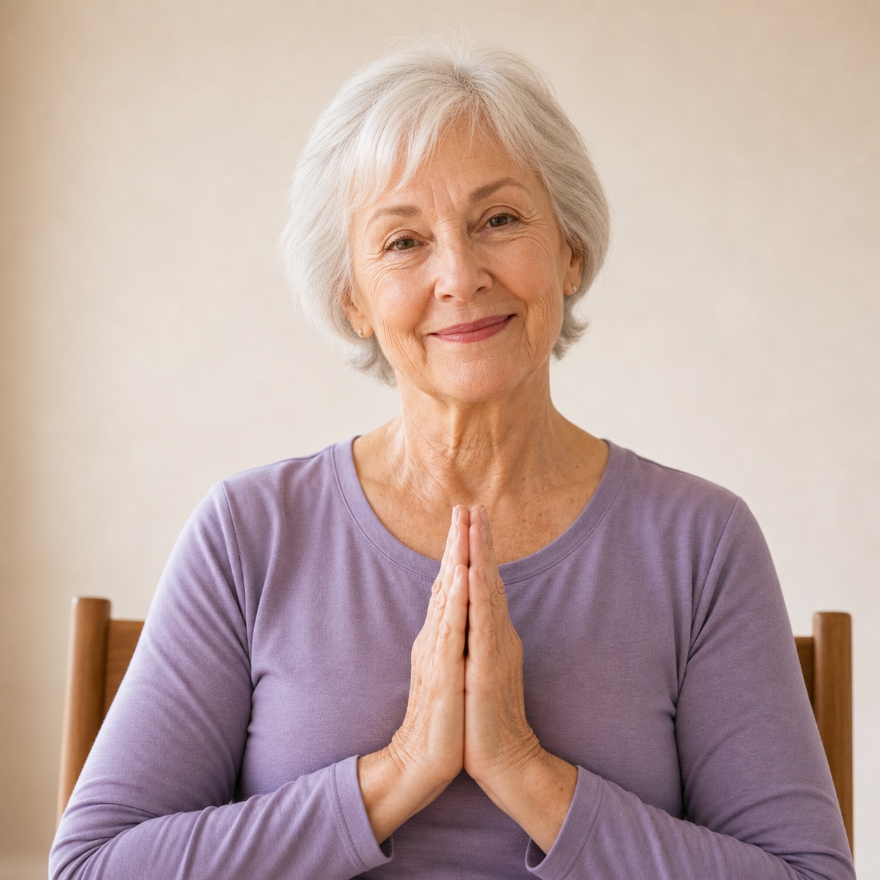 Margaret Chen practicing chair yoga